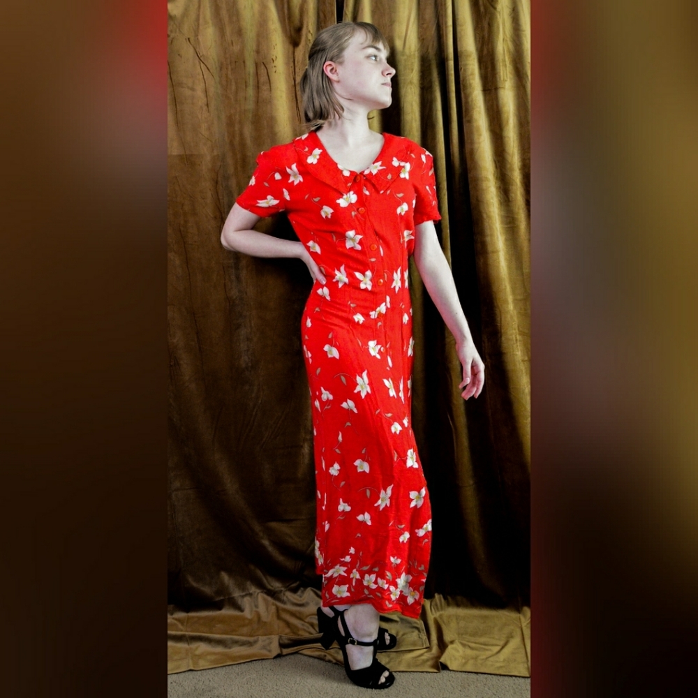 Red with White Flowers Collared Button Down Dress